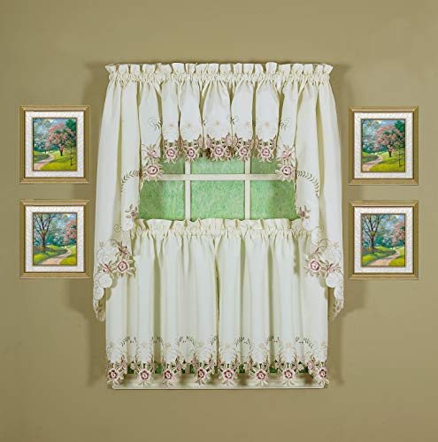 Today's Curtain Verona Reverse Embroidery Tier, 36", Ecru/Rose, 60"W X 36"L - color: Ecru/Rose, size: 60"W x 36"L (Pack of 1)