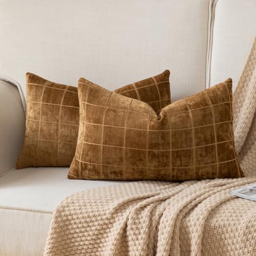 Set of 2 Chenille Check Throw Pillow Covers Decorative Vintage Plaid Pillowcase Neutral Boho Couch Pillows Farmhouse Cushion Covers for Sofa Couch Living Room 30x50 Inch,Toffee - color: Toffee, size: 20" x 12" (Pack of 2)
