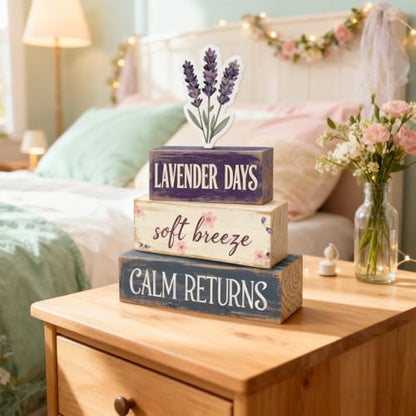 Spring Decoration For Home Wooden Lavender Tiered Tray Decor Rustic Spring Block Sign with Lavender Farmhouse Tabletop Spring Decor Centerpiece for Tables Seasonal Home Easter Decor - style: Lavender