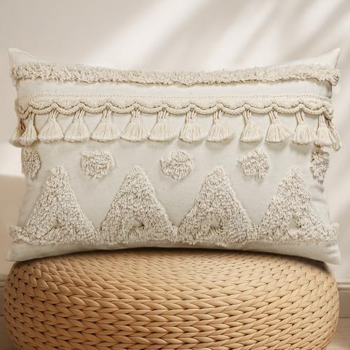 Lumbar Pillow Covers 12x20 - Tufted Boho Decorative Throw Pillow Cover with Zipper for Couch Sofa Bed Living Room Soft Aesthetic Farmhouse Textured Striped Oblong Pillowcase, Cream Tassel - color: Cream Tassel, size: 20" x 12" (Pack of 1)