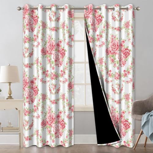 Pink Rose Spring Curtains for Girls Bedroom, Cute Floral Blackout Curtains for Bedroom and Nursery, Room Darkening Thermal Living Room Bedroom Curtains 84 Inch Length 2 Panels Set with Tiebacks - color: Pink Roses