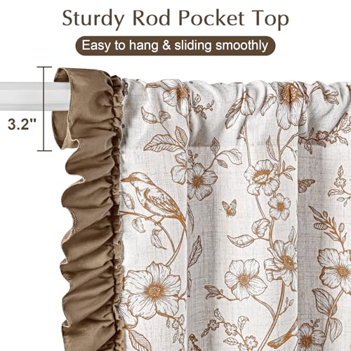 Yinhua Floral Kitchen Curtains 36 Inch with Ruffle Tieback, Farmhouse Vintage Linen Kitchen Window Curtains Over Sink, Light Filtering Rod Pocket Small Cafe Curtain, 26" W x 36" L, 2 Panels, Brown - color: Brown, size: 26"W x 36"L (Pack of 2)