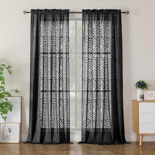 Simplebrand Semi Sheer Black Curtains 90 Inches Long 2 Panels, Light Filtering Geometric Jacquard Clip Textured Sheer Curtains for Living Roon，Modern Elegant Window Curtains Drapes，52x90 inch - color: Black, size: 52"W x 90"L (Pack of 2)
