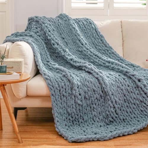 WESHIONGOO Chunky Knit Blanket Throw for Couch Bed 51"×63" Dusty Blue - color: Dusty Blue, size: 51"x63"(Large Size Throw)