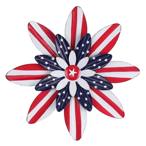 hogardeck 4th of July Decorations Outdoor, 16 inch Red White and Blue Metal Flower Wall Art for Fourth of July Decor, Patriotic Decorations for Yard Garden Home Indoor Mantel - color: 16"-RBW-03