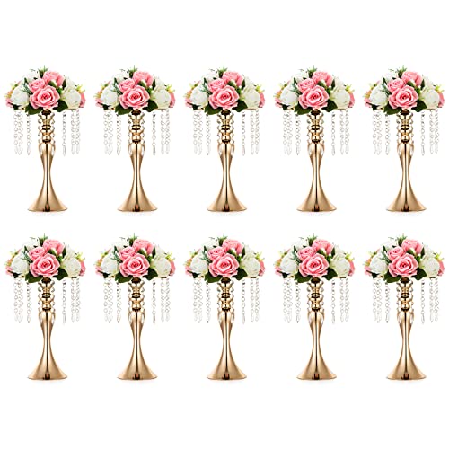 NUPTIO Tall Vase Table Centerpiece, 13.8", Gold, 10 Pcs | Crystal Metal Flower Holder Stand, for Wedding Reception, Tables, Road Lead, Party - color: Gold, size: 10 x M