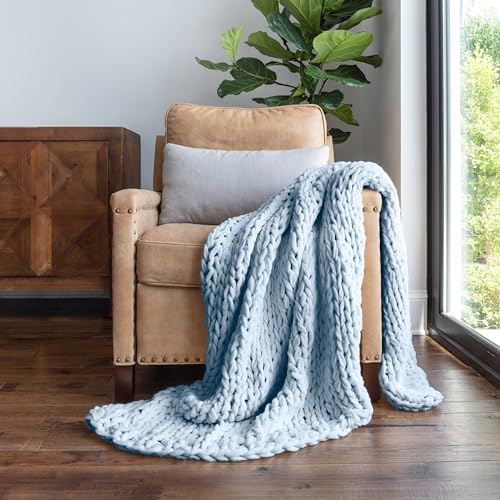 Linen Market Beddings Oversized Chunky Knit Throw Blanket-100% Ultra-Soft Acrylic Hypoallergenic - 47'' x 59'' Cozy Home Accent for Snuggling, Lounging, and Stylish Décor (Light Blue) - color: Light Blue