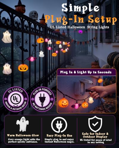 8.5FT Halloween Pumpkin Bat Ghost Lights, Plug-in 10 LED Decor - color: Pumpkin Ghost Bat Lights