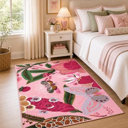 Tyrot Pink Boho Floral 3x5 Washable Area Rug Flat Woven Ultra Thin Low Pile Coquette Cute Rug Non Slip Indoor Botanical Butterfly Rug for Living Room, Bedroom, Entryway, Nursery, Dorm - color: Boho Rose, size: 3' x 5' (Rectangular)