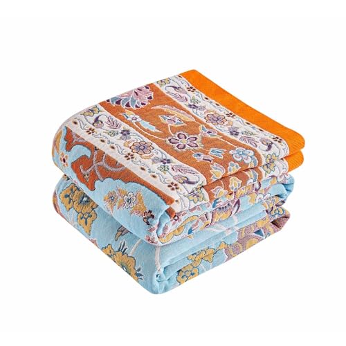 Boho Throw Blanket 100% Cotton Muslin Woven Blanket Bohemian Bed Throws Vintage Rustic Farmhouse Decor Reversible Bed Blanket Quilt for All Seasons（Yellow 80"x90"） - color: A- Boho Brwon Blue, size: Full-80"x90"