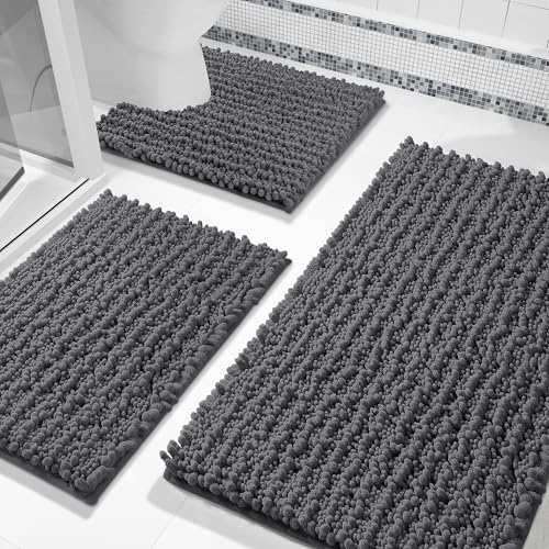 Yimobra Bathroom Rug Set 3 Piece, Super Absorbent Bath Mat Set, Dark Gray - color: Dark Gray, size: 24"x20" + 30"x20"+ 44"x24"