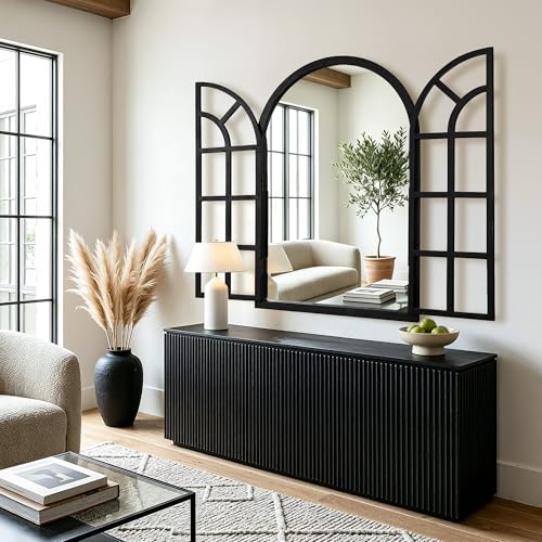 Arched Wood Mirror for Wall, 28" x 40" Rustic Farmhouse Mirror, Black - size: 40"L x 28"W