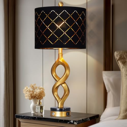 Cinyirong 30" Black and Gold Table Lamp for Living Room, Modern Touch Control Bedside Lamp for Bedroom, 3-Way Dimmable Sculptural Resin Nightstand Lamp with USB A+C Ports and 1 LED Bulb (1 Pack) - color: Black & Gold (1 Pack)