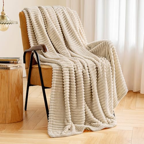 MIULEE Fleece Throw Blanket with Stripe Pattern Fuzzy Flannel Beige Blanket for Couch Plush Warm Cozy Bed Blanket Boho Decor for Bed Sofa Chair Twin Size 60"x80" - color: Beige, size: 60"x80"
