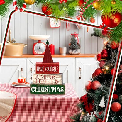 Moucuny 4 Pcs Christmas Table Decor, Wooden Red Merry Christmas Tree Signs - style: Christmas Tree