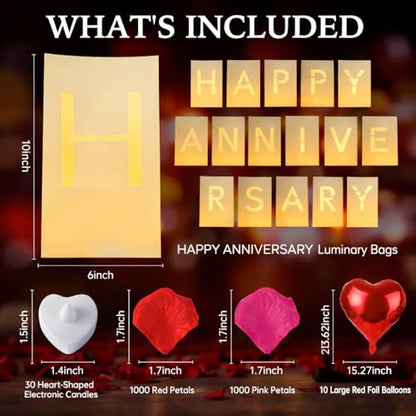 Happy Anniversary Light Up Letters, Include Light up Letters, with Tea Lights Candles, Latex Balloons, Aluminum Balloons and Rose Petals, Anniversary and Valentines' Day Decorations - style: Happy Anniversary