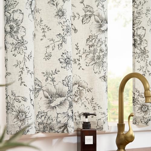 jinchan Black Floral Linen Kitchen Tier Curtains and Valance Set 3 Pieces - color: Alice | Black on Linen, size: 26"W x 36"L (Pack of 3)