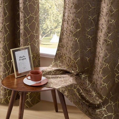 Brown and Gold Curtains 84 Inches long 2 Panels Cocoa Abstract Golden Foil Print Jacquard Curtains Grommet Marble Textured Geometry Modern Privacy Window Drapes for Living Room Bedroom, 52x84 - color: Brown, size: 52"W x 84"L (Pack of 2)