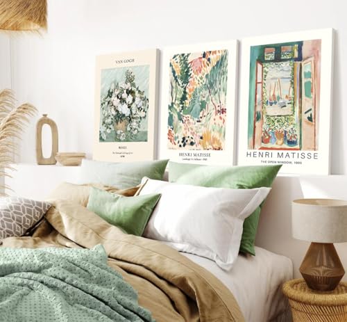 Framed Green Vintage Canvas Wall Art Set of 3 - Van Gogh Abstract Rose Pictures Wall Decor, Mid Century Modern Matisse Artwork Paintings Prints for Living Room Bedroom Bathroom 12x16 inch - color: Sage Green, size: 16"L x 12"W