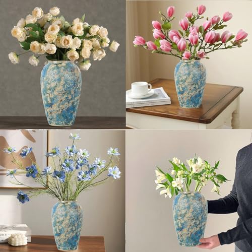 Rustic Ceramic Flower Vase,11.8in Large Chinese Style Vase,Blue - color: Blue B