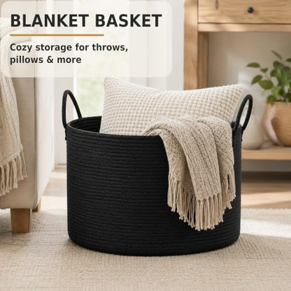 XUANGUO 66L Large Blanket Basket, Round Cotton Rope Basket, Black - color: black