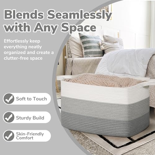 Goodpick Large Woven Rope Blanket Basket, Rectangle, Light Gray - color: Light Grey, size: Large(21.6"L x 14.9"W x 11.8"H)