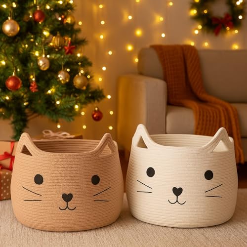 VK VK·LIVING Animal Baskets Large Woven Cotton Rope Storage with Cute Cat Design Laundry Organizer for Towels, Blanket, Toys, Clothes, Gifts – Cat Toy Box Pet or Baby Gift Baskets 15"Lx14H" - color: Jute, style: Jute Cat