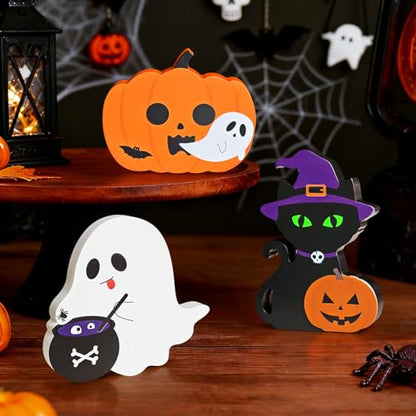Cute Halloween Decorations Indoor, 3 PCS Wooden Ghost Pumpkin Halloween Decor for Home Table Office Desk Tiered Tray Party Shelf Display Mantle Kitchen Room Spooky Decorations - style: GhostPumpkinCat