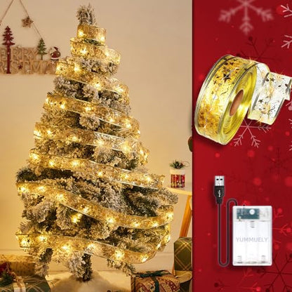 Christmas Ribbon Fairy Lights 33Ft 100 LED String Lights Battery Operated 2In Gold Foil Ribbon with Warm White Twinkle Firefly Lights Indoor Starry Holiday Decoration for Christmas Tree - size: Ribbon Lights