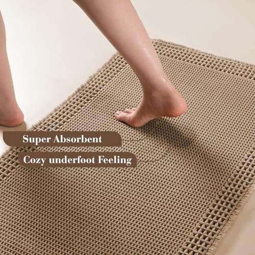 RESARE Waffle Bathroom Runner Rugs, Non Slip Boho Bath Mat 24"x72" Brown - color: Brown, size: 2' X 6'