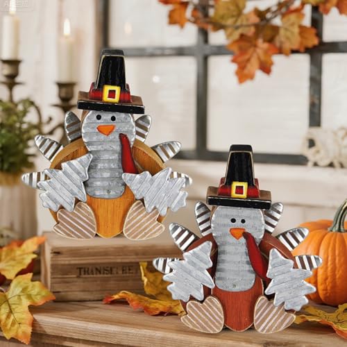 Zcaukya 2 Pack Thanksgiving Wooden Turkeys Decorations Indoor - size: style 2
