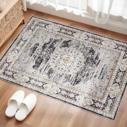 2x3 Washable Entryway Area Rug - Non-Slip Boho Throw Rugs Black Gray - color: Black/Gray, size: 2' x 3' (Rectangular)