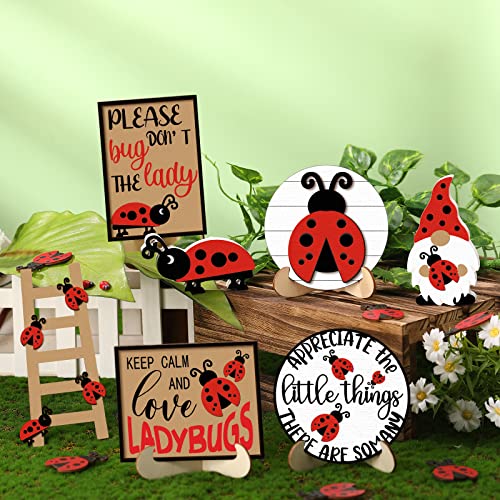 Jetec 12 Pcs Red Ladybug Tiered Tray Decor Set Spring Summer Wood Sign Rustic Farmhouse Decor Ladybird Tiered Decorative Trays Signs for Home Kitchen Decorations (Ladybug) - style: Ladybug