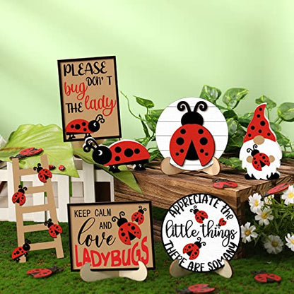 Jetec 12 Pcs Red Ladybug Tiered Tray Decor Set Spring Summer Wood Sign Rustic Farmhouse Decor Ladybird Tiered Decorative Trays Signs for Home Kitchen Decorations (Ladybug) - style: Ladybug