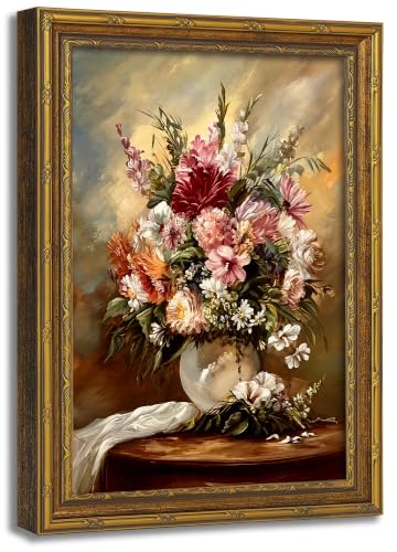 Vintage Gold Framed Canvas Wall Art 9×11 Inch Floral Still Life Picture Poster Rustic Wall Decor for Bedroom Farmhouse Indoor Home Decoration - color: Flowers B, size: 11"L x 9"W