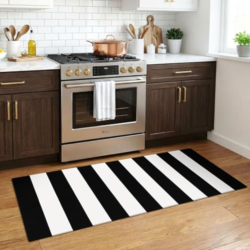 KOZYFLY Black and White Striped Runner Rug 2x4.3 ft Mat Woven Cotton Rug - color: Black and White, size: 2' x 4'3" (Runner)