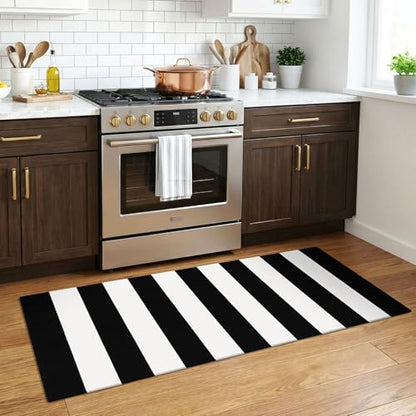 KOZYFLY Black and White Striped Runner Rug 2x4.3 ft Mat Woven Cotton Rug - color: Black and White, size: 2' x 4'3" (Runner)