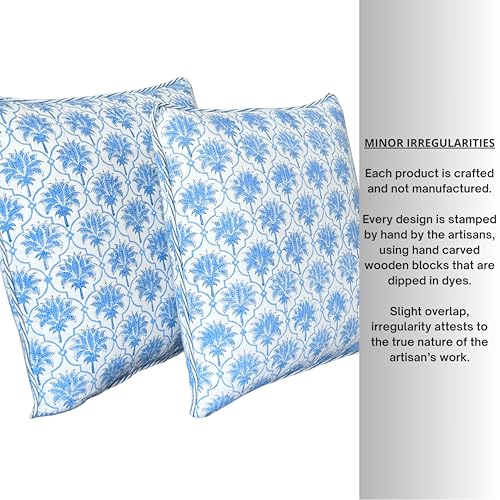 ATOSII Cotton Blockprint Throw Pillow Cover, Padma Blue, Set of 2, 18 X 18 - color: Padma, size: 18" x 18" (Pack of 2)