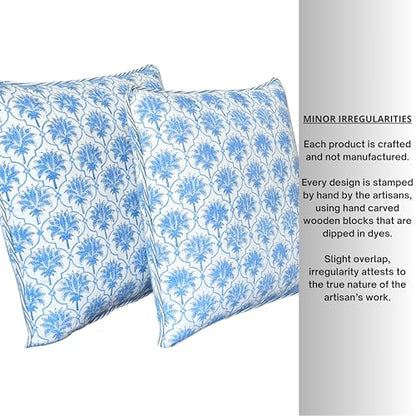 ATOSII Cotton Blockprint Throw Pillow Cover, Padma Blue, Set of 2, 24 X 24 - color: Padma, size: 24" x 24" (Pack of 2)