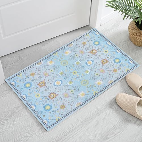 2x3 Area Rugs, Washable Floral Boho Rugs, Non Slip Low Pile Small Carpet, Indoor Door Mat for Entryway, Kids Playroom, Bedside, Girls Dorm, Nursery (Blue Floral) - color: Blue-floral, size: 2' x 3' (Rectangular)