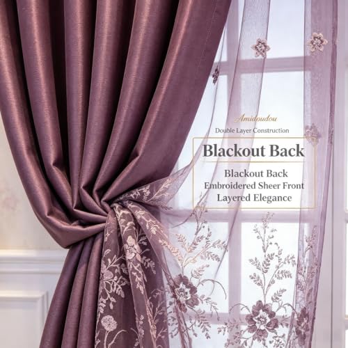 Amidoudou 1 Pair European Double Layer Curtains for Living Room Bedroom Luxury Flower Embroidered Curtains with Valance (Purple,52x102 Inch) - color: Purple, size: 52"W x 102"L (Pack of 2)