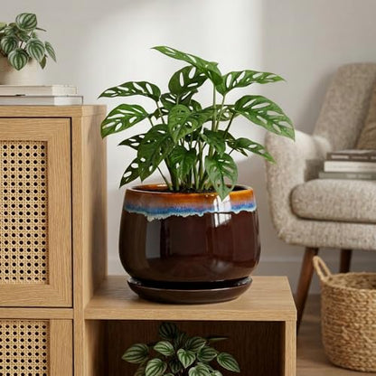 9 Inch Flower Pots - Ceramic Planter with Drainage Hole and Saucer, Decorative Ceramic Pots for Indoor Plants, Round Plant Pot, Garden Home Living Room Decor, Housewarming Gifts, Brown-Blue - size: 9 Inch, style: Brown-blue