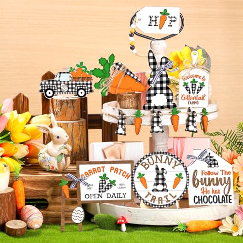 Marsui Easter Tiered Tray Decor Happy Easter Tiered Tray Ornament Rustic Farmhouse Spring Sign Bunny Truck Gnome Egg Wooden Sign for Home Table Decor(Plaid) - style: Plaid
