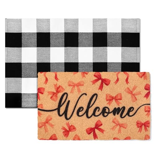 2-Piece Layered Welcome Mat Set - Coir Doormat & Buffalo Plaid Rug - color: Pink Bow