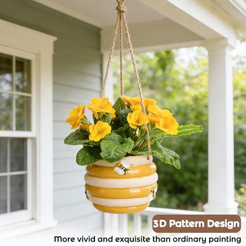 Hanging Ceramic Planter 5 Inch Cute Bee Plant Pots - color: Yellow