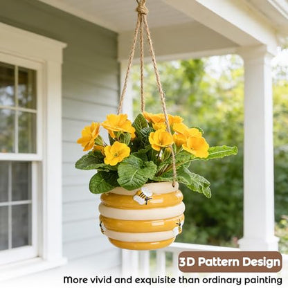 Hanging Ceramic Planter 5 Inch Cute Bee Plant Pots - color: Yellow