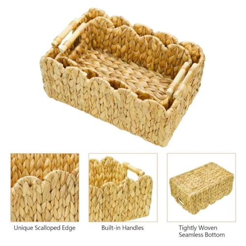 2Pack Scalloped Edge Wicker Basket,Hand-Woven Rattan Baskets with Wooden Handles,Natural Water Hyacinth Basket for Laundry,Shelves,Decorative Basket
