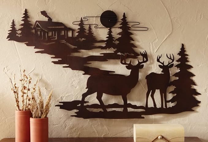 Woodland Metal Deer Wall Art, Brown Silhouette, Rustic Cabin Forest Scene, Nature Wildlife Decor, 24" L x 13.8" W. Gift for Father's Day, Birthday, Housewarming !