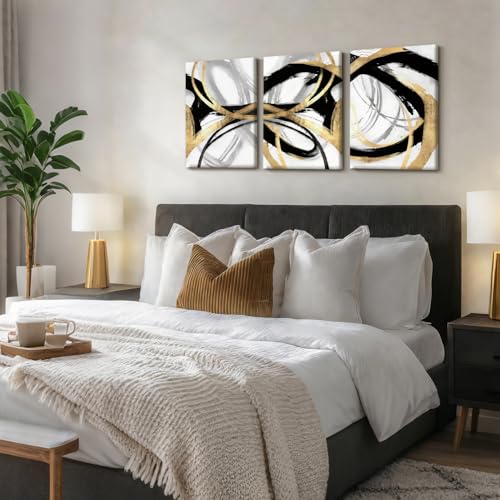 LYYGLYY 3Pcs Framed Abstract Black and Gold Canvas Wall Art 16x24 Inches - color: Dancing Lines, size: 16x24 Inches