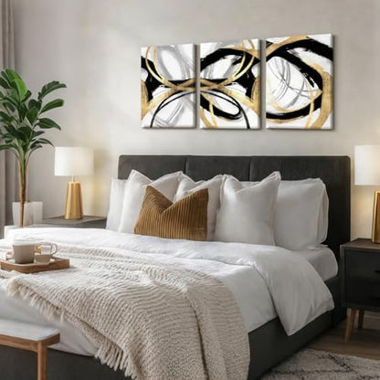 LYYGLYY 3Pcs Framed Abstract Black and Gold Canvas Wall Art 16x24 Inches - color: Dancing Lines, size: 16x24 Inches